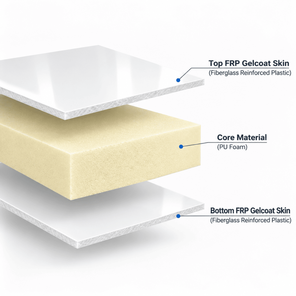 FRP sandwich panel structure diagram showing outer and inner gelcoat skin with PU foam insulation core