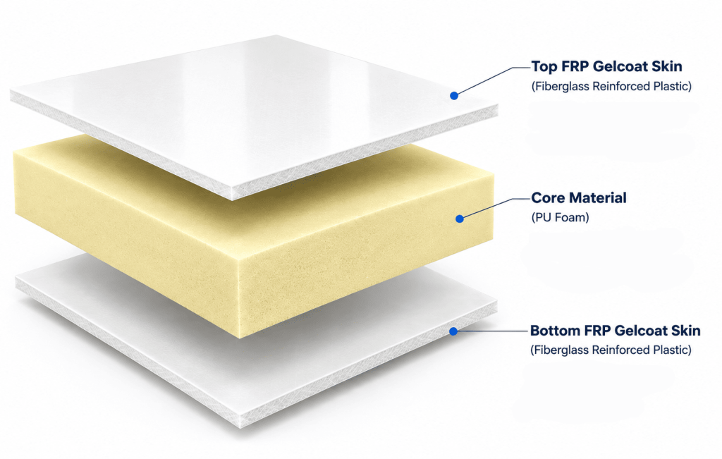 FRP sandwich panel structure diagram showing gelcoat skin and PU foam insulation core