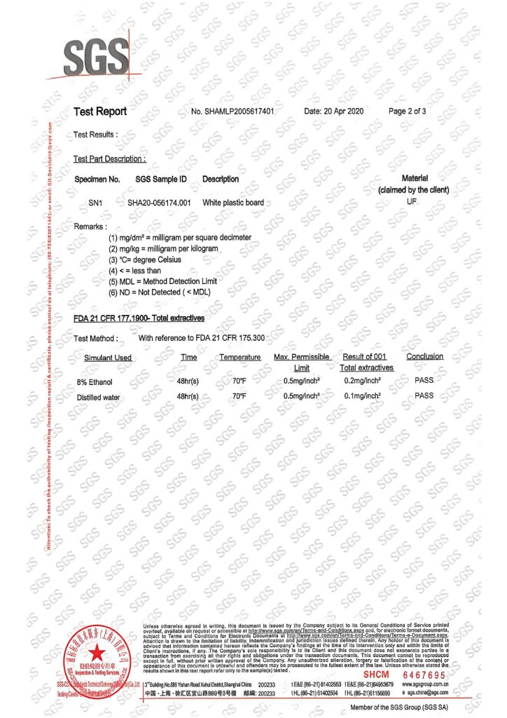 SGS test report - FDA 21 CFR food contact compliance for FRP gelcoat panel