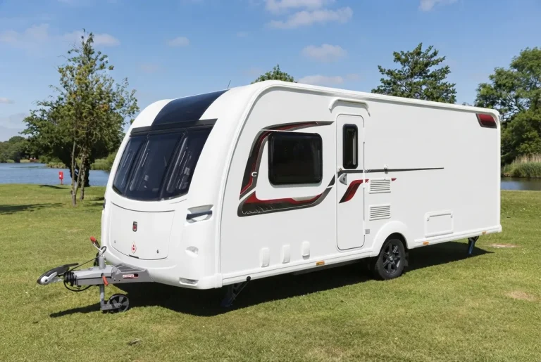 Caravan exterior showing FRP gelcoat panel application area