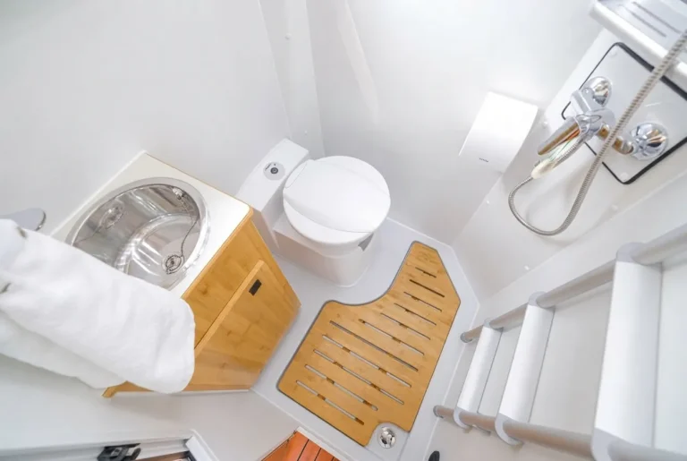 Caravan washroom and shower pod showing FRP gelcoat panel application area