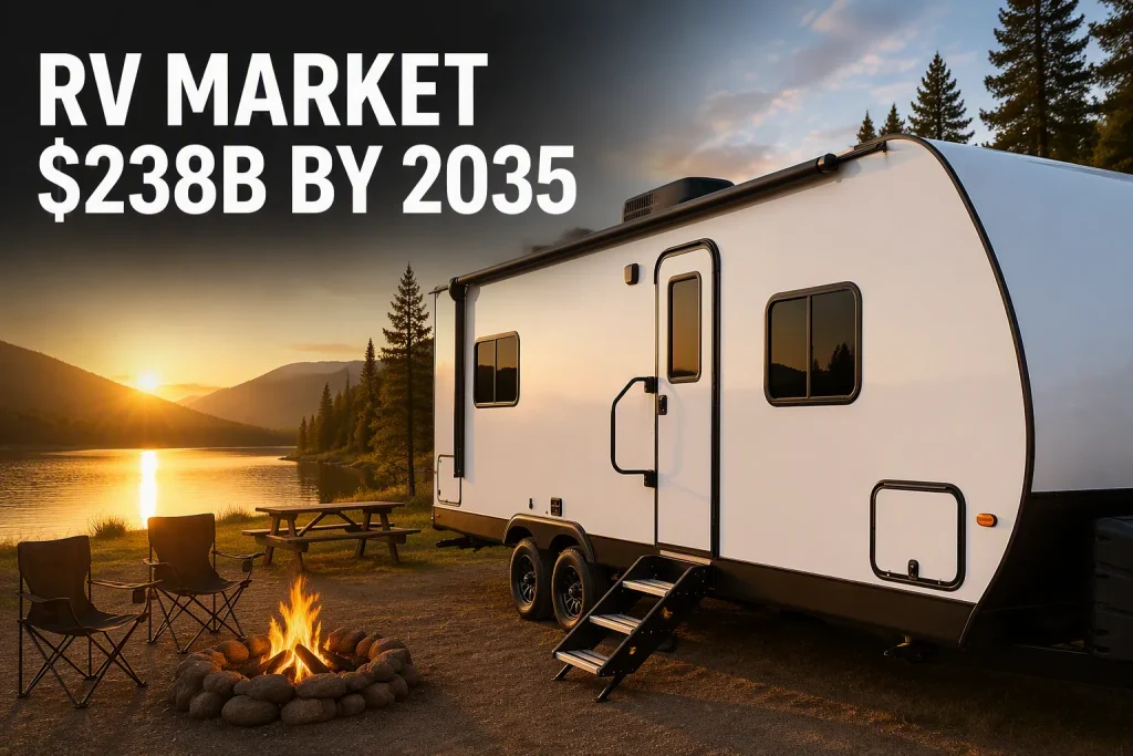 RV market to reach $238 billion by 2035 — modern travel trailer with seamless white FRP exterior walls