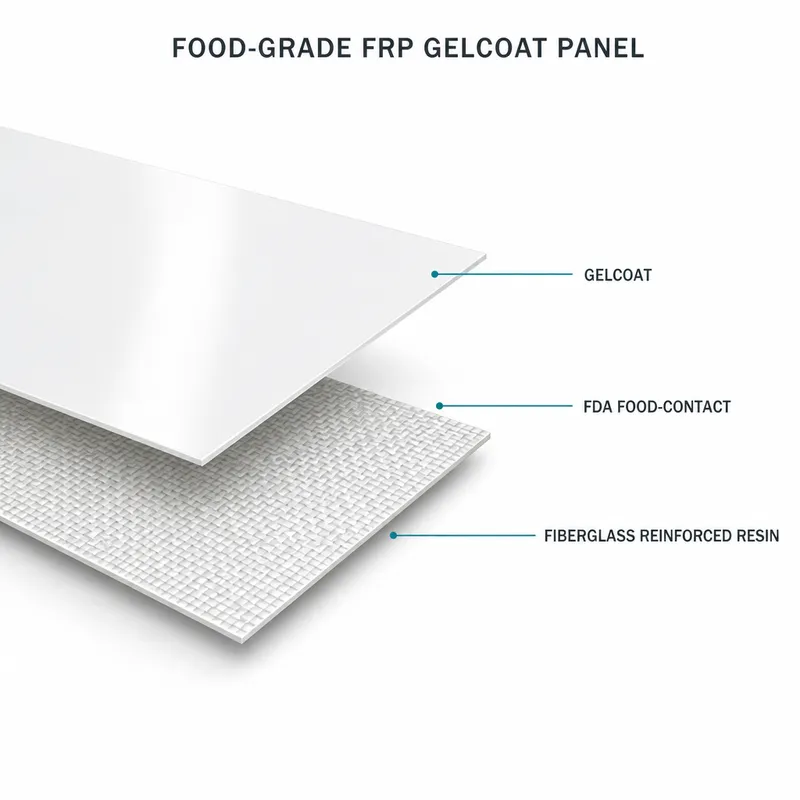 Cross-section of gelcoat surface layer and fiberglass-reinforced resin layer, showing FDA food-contact layer