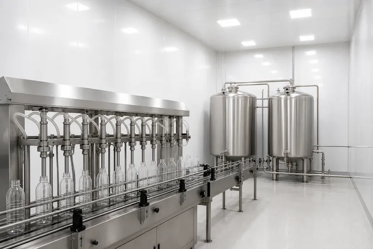 Beverage filling line with glass bottles in a syrup room with gelcoat wall lining