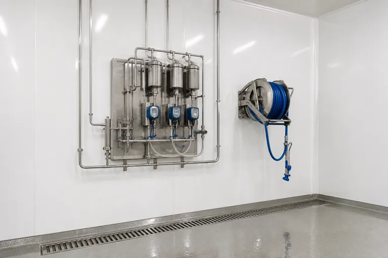 CIP washdown station with valve manifold and hose reel against gelcoat wall panels