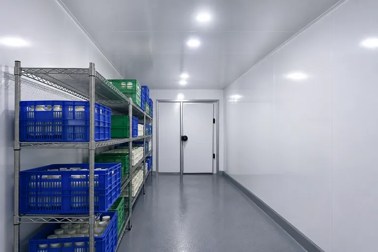 Dairy cold storage room with shelving and crates, gelcoat panel wall lining