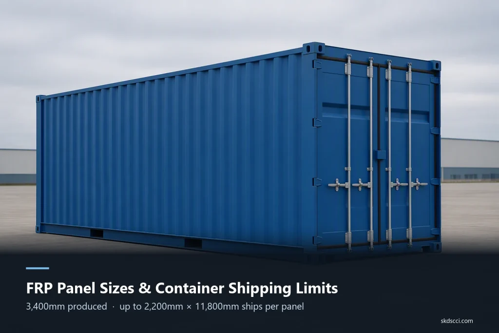 A standard dry shipping container on a terminal apron — FRP panel sizes are limited by container dimensions
