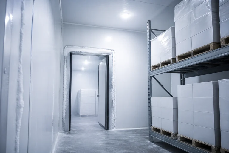Freezer room with frost-covered FRP gelcoat-lined walls and an insulated door frame