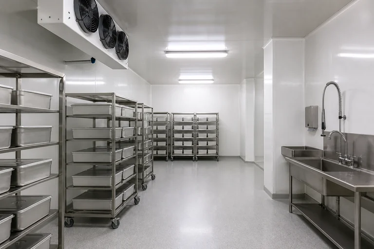 Food processing chill area with stainless steel racks and FRP gelcoat-lined walls and ceiling