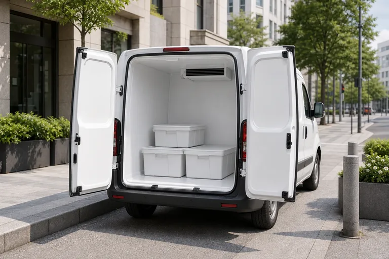 Small refrigerated delivery van with rear doors open for last-mile drops