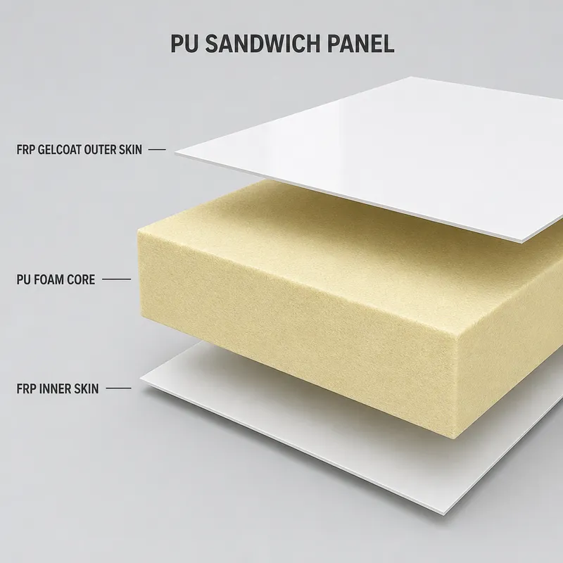 Exploded view of FRP gelcoat outer skin, PU foam core and FRP inner skin layers