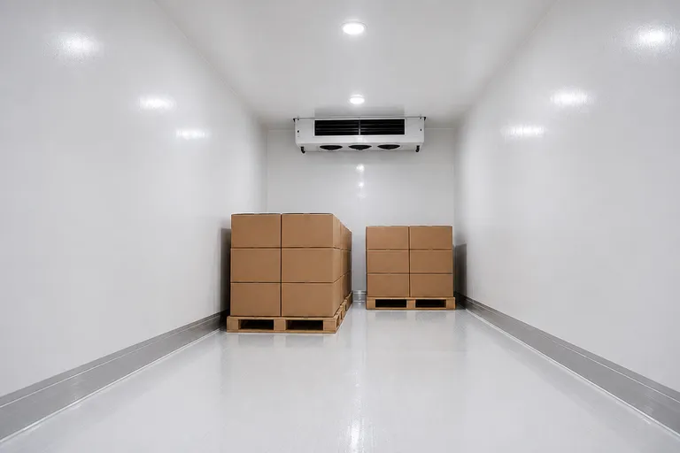 Insulated interior of a van-body refrigerated truck lined with FRP sandwich panels