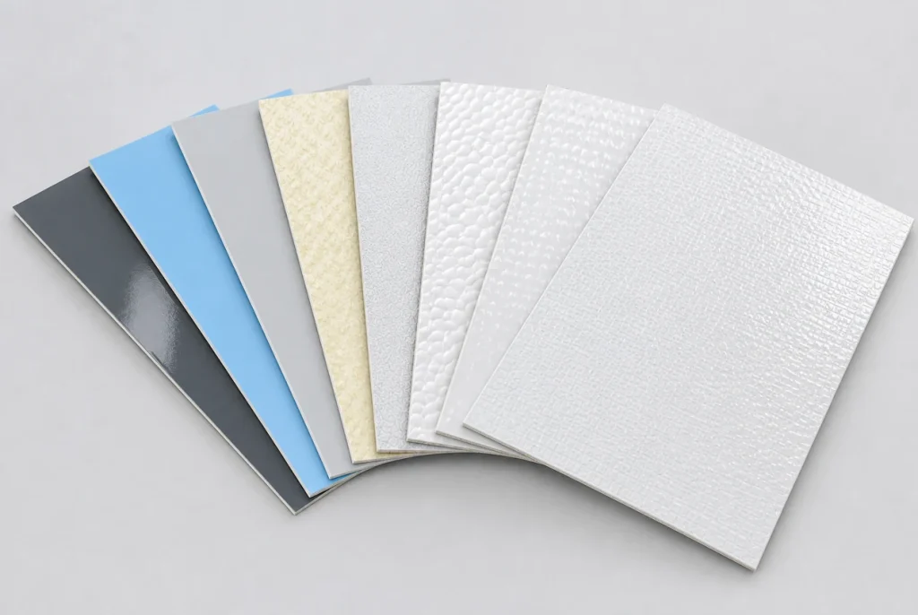 Samples of FRP gelcoat sheet in different colours and surface finishes