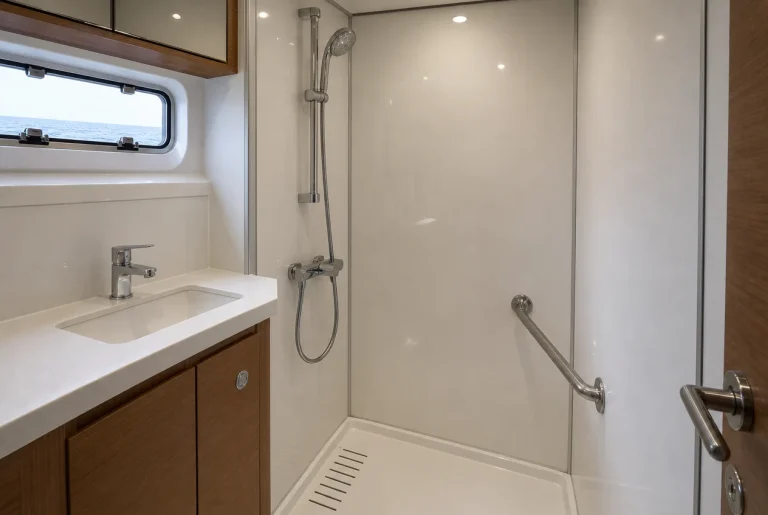 Yacht head and shower cubicle with light wall panels