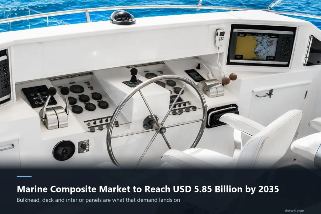 White yacht flybridge helm console with steering wheel, instrument panels and helm chairs, open water behind